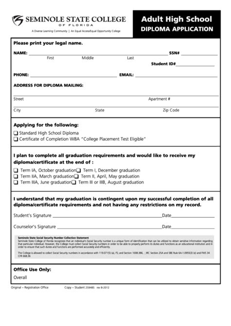 Adult High School Diploma Application Form Printable Pdf Download