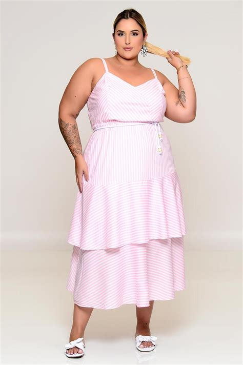 Vestido Plus Size Midi Listrado Em Viscose Vk Moda Plus Size