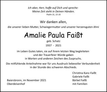 Traueranzeigen von Amalie Paula Faißt Schwarzwälder Bote Trauer