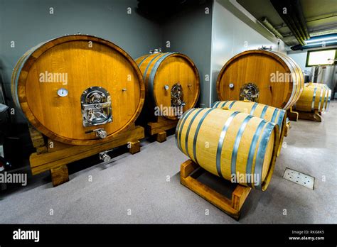 Wooden Wine Barrels Stacked In Modern Winery Cellar In Spain Modern