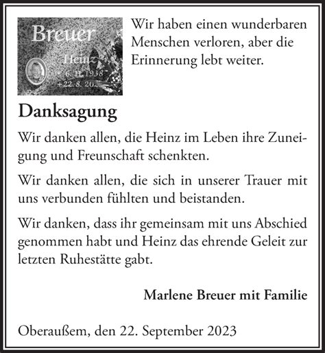 Traueranzeigen Von Heinz Breuer WirTrauern