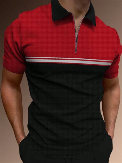 Men Color Block Striped Print Quarter Zip Polo Shirt Mens Outfits