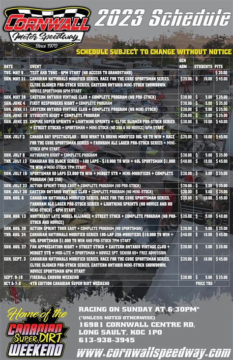 2023 Schedule - Cornwall Motor Speedway