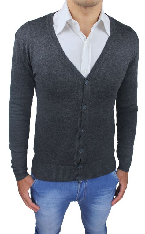 Maglioncino Cardigan Uomo Slim Fit Grigio Maglia Pullover Bottoni S M L Xl Xxl