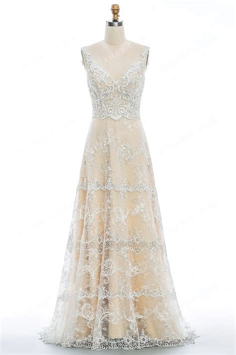 Romantic Floral Lace Overlay Champagne Bridal Gown Betancy