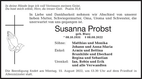 Traueranzeigen Von Susanna Probst S Dwest Presse Trauer