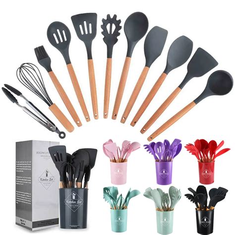 Ensemble D ustensiles De Cuisine En Bois De Silicone Coloré 12 Pièces