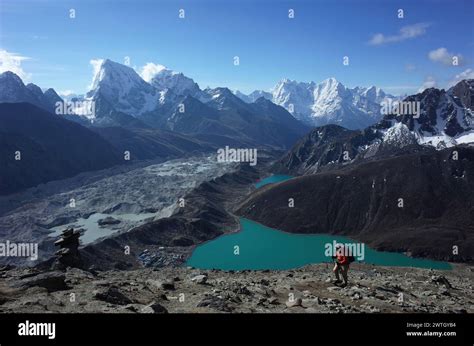 Hiking In Nepal Himalayas Male Tourist Walking Up To Gokyo Ri With