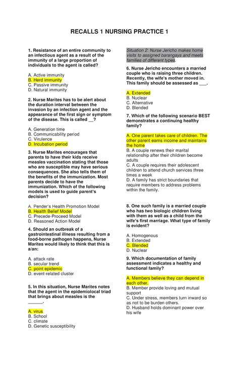 Nursing Test Np I For Academic Purpose Use Only Recalls Nursing