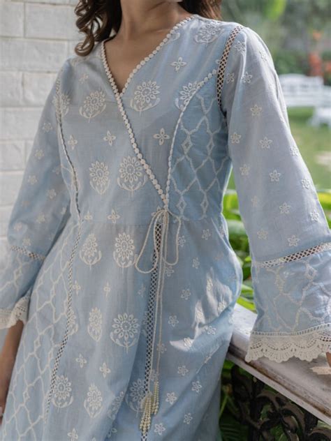 Blue Angrakha Chikankari Pure Cotton Kurta Set With Dupatta Heeposh