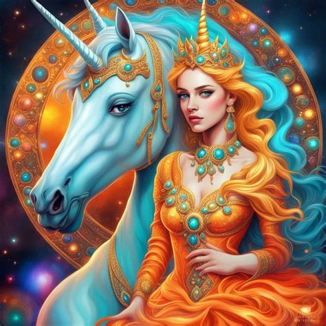 Princess And Magic Unicorn Decorated With Gold And Gems 8k Resolution Holographic Astral Cosmic