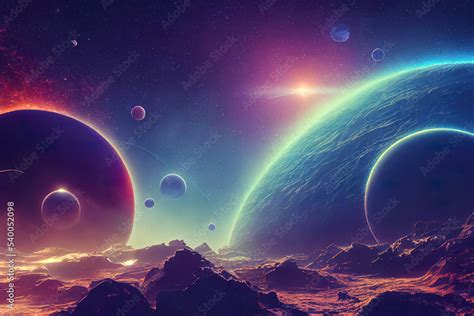 Space digital artwork. Surreal fantasy cosmos. Nebula with planets and ...