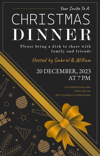 Invitación a la cena de Navidad negra y dorada Vector Premium