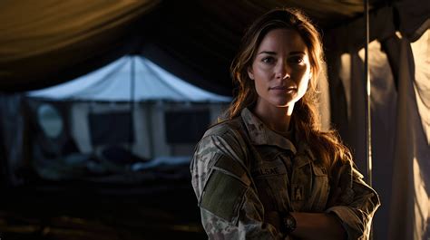 An Army nurse in camouflage uniform stands in a field hospital tent ...