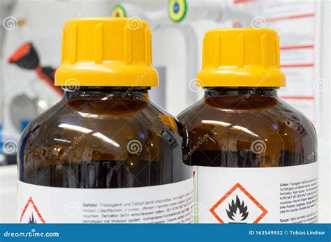 Bottles Of Flammable Liquids Or Chemicals In A Laboratory Environment