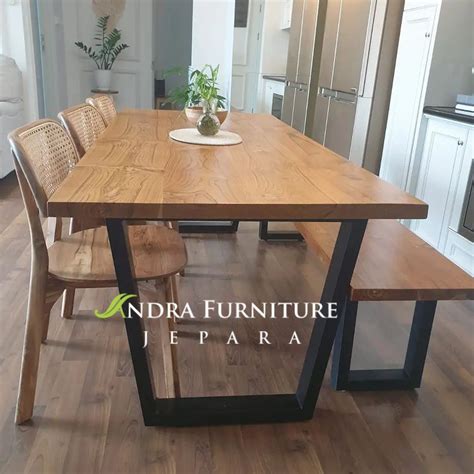 Set Meja Makan Kayu Jati Kaki Besi Kursi Bangku Andra Furniture