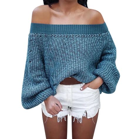 JAYCOSIN Women Sweater Blue Solid Off Shoulder Knitted Slash Neck Warm