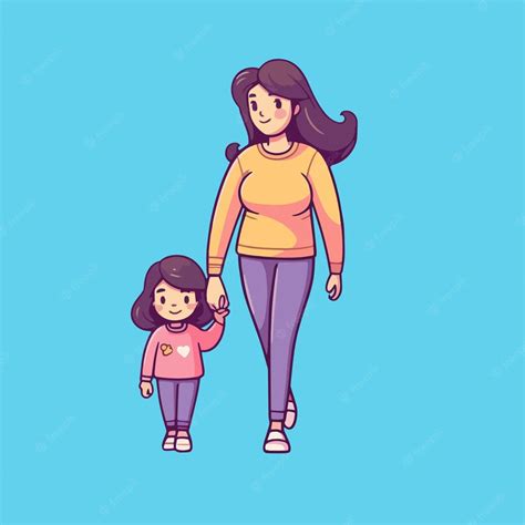 Premium Vector Mother And Daughter Walking And Holding Hands Vector Illustration On A Blue