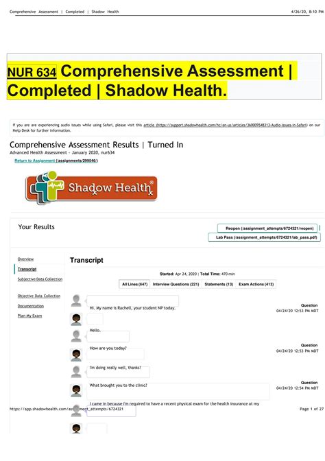 NUR NUR 634 Comprehensive Assessment 2020 Completed Shadow Health