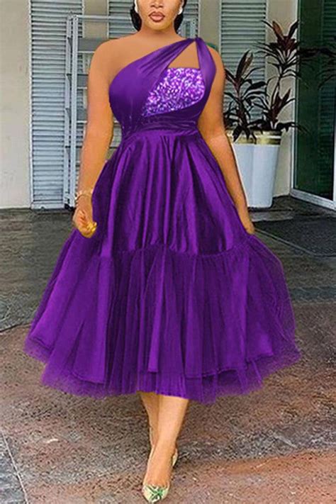 Xpluswear Plus Size Formal Solid One Shoulder Sequin Tulle Midi Dresses Purple Xl14 In 2022