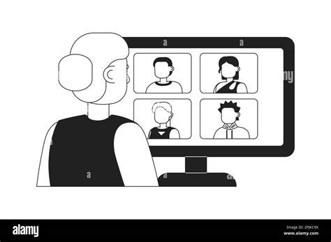 Online Meeting For Remote Workers 2d Vector Monochrome Isolated Spot