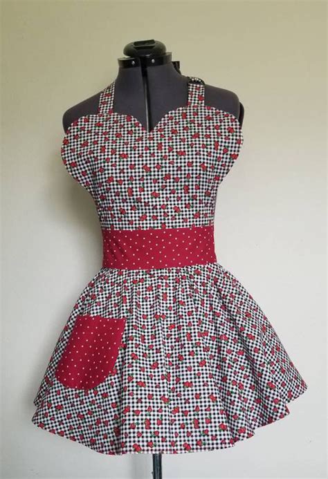 Strawberry Gingham Apron Sexy Pinup Girl Apron Rockabilly Hostess