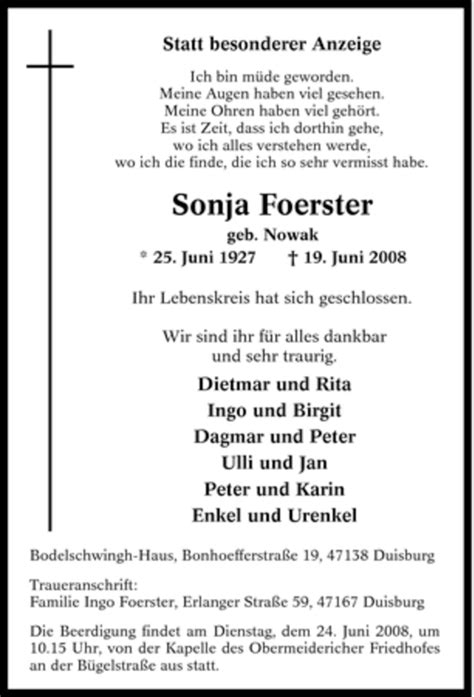 Trauer Und Todesanzeigen Von Sonja Foerster Trauer De