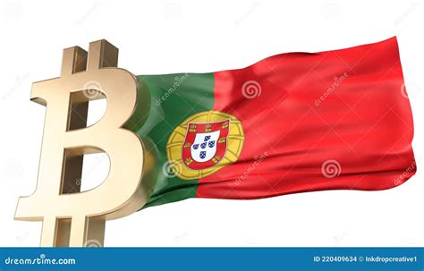 Gold Bitcoin Cryptocurrency With A Waving Portugal Flag 3D Rendering