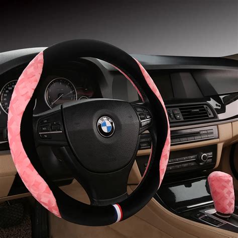 KKYSYELVA Pink Car steering wheel cover Winter Handbrake Gear Shift Cover Plush Auto Steering ...