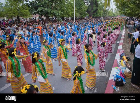 Traditional Dance Girls at the Thingyan Water Festival at the Myanmar New Year in the city ...