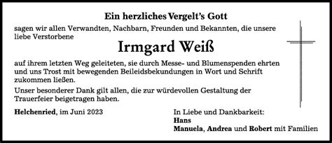 Traueranzeigen Von Irmgard Wei Augsburger Allgemeine Zeitung