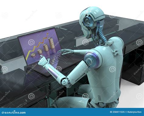 A Humanoid Robot Working With Laptop Conceptual 3D Illustration Stock