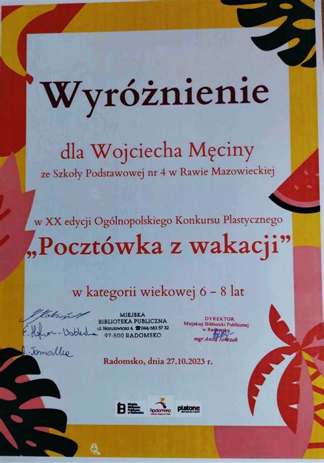 Konkurs Pocztówka z Wakacji Szkoła Podstawowa nr 4 im Kornela