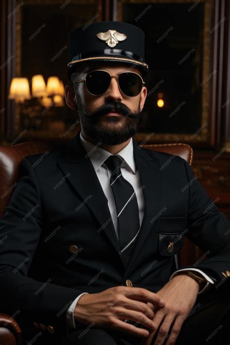 Premium Photo A Man In A Pilor Uniform Suit And Sunglasses Sitting In