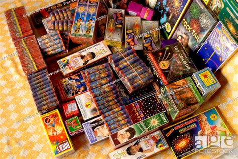 Various types of Crackers kept for Retail sale in small stall ; Diwali ...