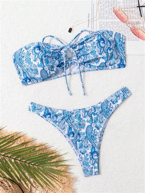 Shein Swim Bikini Set Mit Paisley Muster Abnehmbarer Vorderer Teil Und