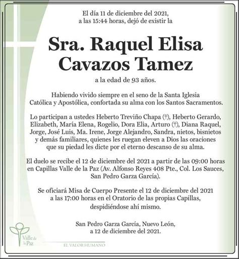 Sra Raquel Elisa Cavazos Tamez Obituario Esquela