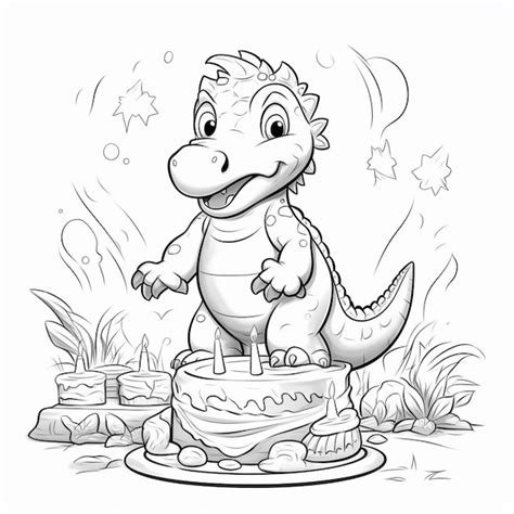 Un dinosaurio de dibujos animados con un pastel de cumpleaños en forma