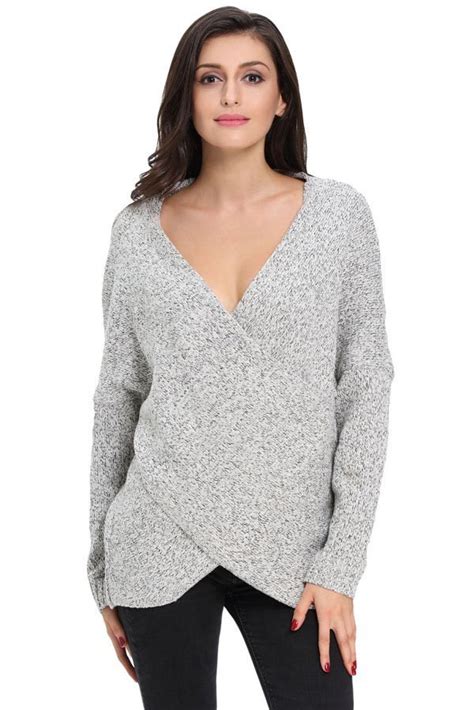 Gray Long Sleeve Women V Neck Tunic Sweater Online Store For Women Sexy Dresses