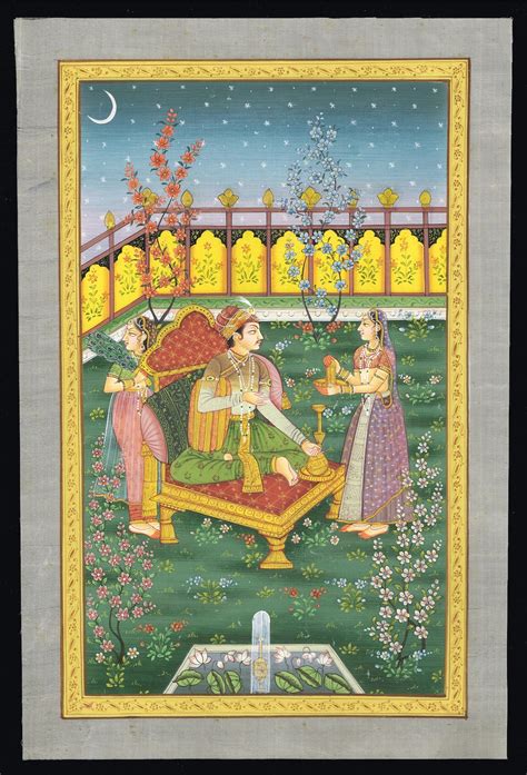 Indian Miniature Painting of Mughal Emperor Akbar Seated on Chair Fine ...