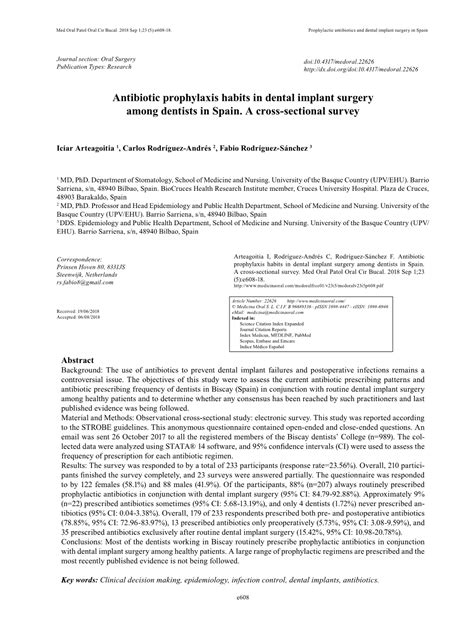 Antibiotic Prophylaxis Habits In Dental Implant Surgery Among Dentists In Spain A Cross