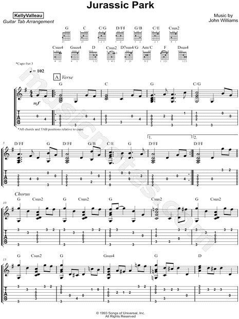 Kelly Valleau Jurassic Park Guitar Tab In G Major Download And Print Sku Mn0169415