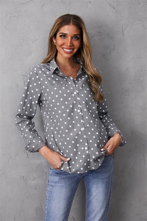 Women S Shirt Collar Polka Dot Print Long Sleeves Tops Ivyalpha