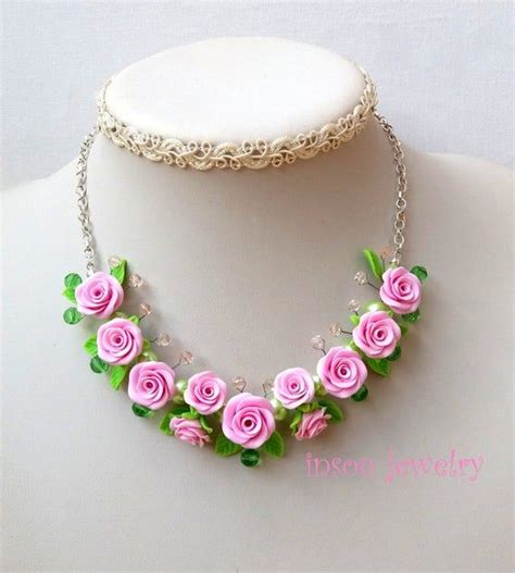 Pink Roses Flower Jewelry Romantic Necklace Pink Necklace Statement