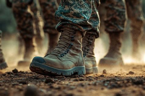 Close Up Of Brown Leather Military Boots Marching On Dusty Ground