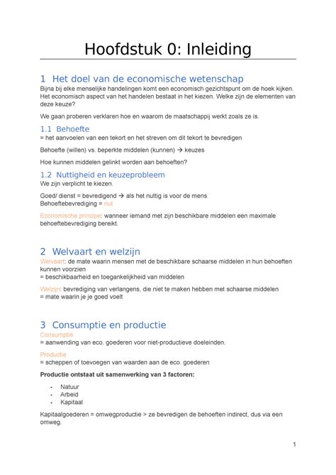 Hoofdstuk 0 Economie Hoofdstuk 0 Inleiding 1 Het Doel Van De