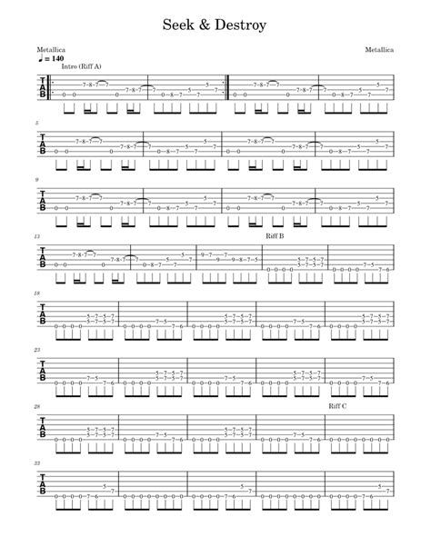 Seek And Destroy Metallica Guitar Tab Sheet Music For Guitar Solo