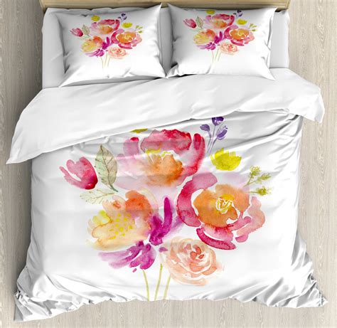 Pastel Duvet Cover Set Queen Size Watercolor Bouquet Of Roses Romantic