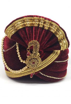 Buy Embellished Velvet Turban In Maroon And Beige Online Mgm