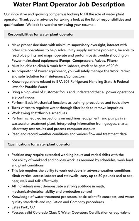 Water Plant Operator Job Description Velvet Jobs